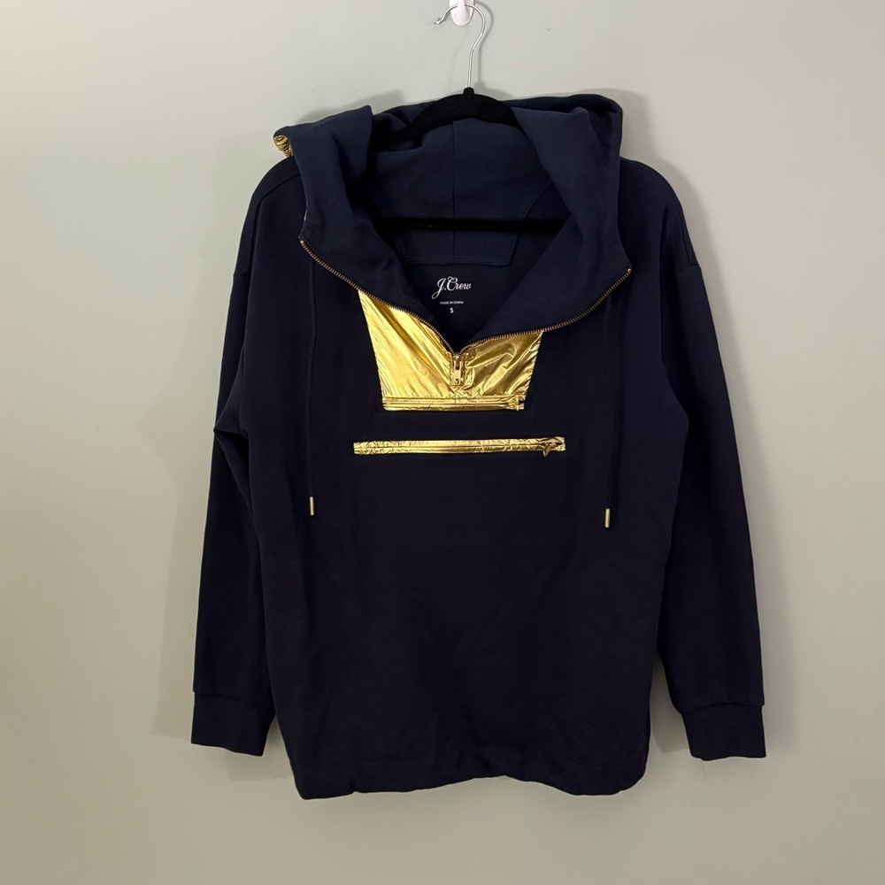 J.Crew Gold Foil Hoodie Navy Metallic Pullover Sweatshirt Size Small - Picture 5 of 16